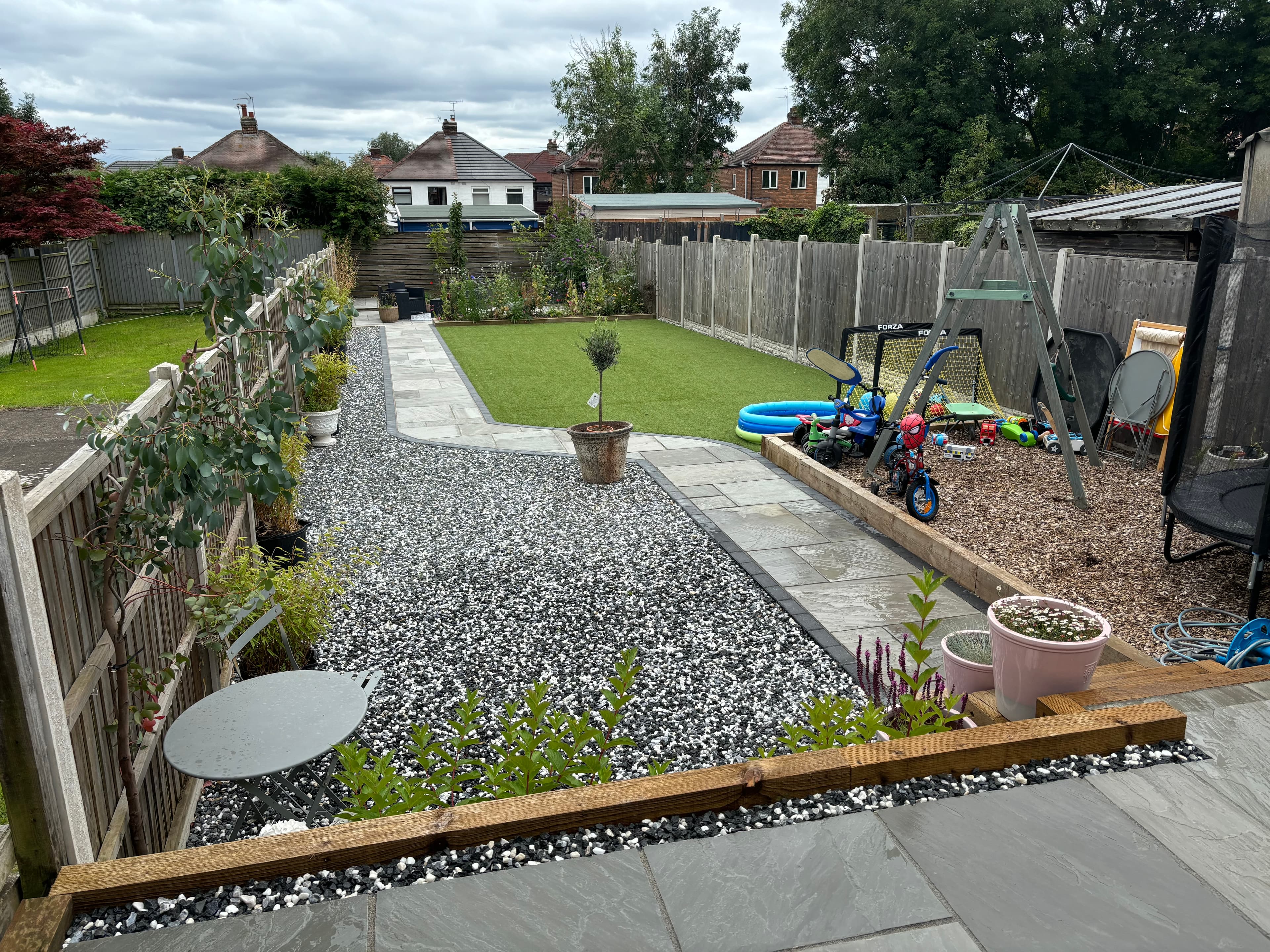 Decorative gravel area at the far end of the transformed garden
